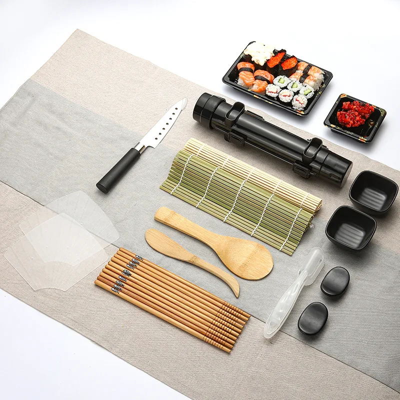 Easy to Use DIY Homemade 15pcs All in One Sushi Roller Mats Saucers and Bazooka included Sushi Making Kit