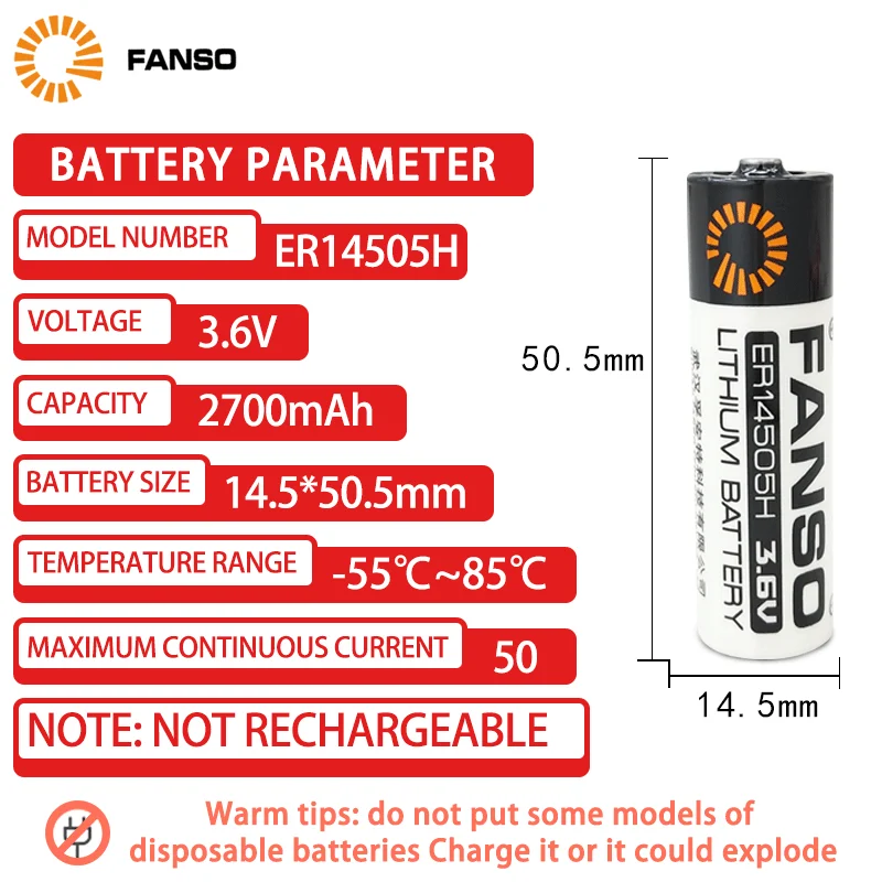 FANSO ER14505H/LS14500 3.6V Primary Lithium Battery Suitable for Smart water meter CNC encoder