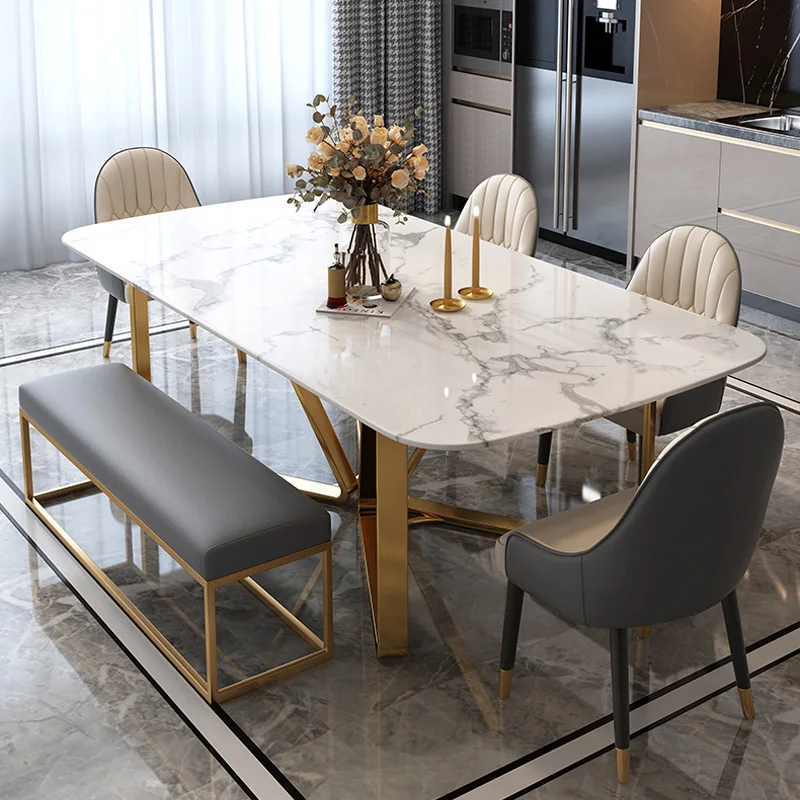 Modern luxury marble style but rock slab top with glass dining table and dining table set 8 seater