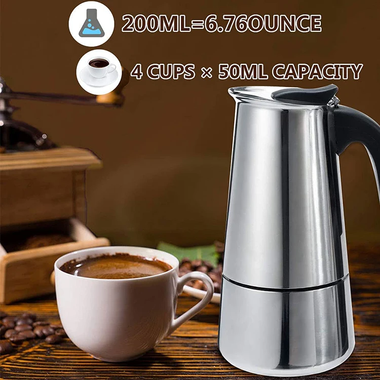 Stovetop Espresso Maker Italian Coffee Machine Coffee Pot 6.8 Oz Moka Pot Sliver Luxurious Stainless Steel Copper Chrome Metal