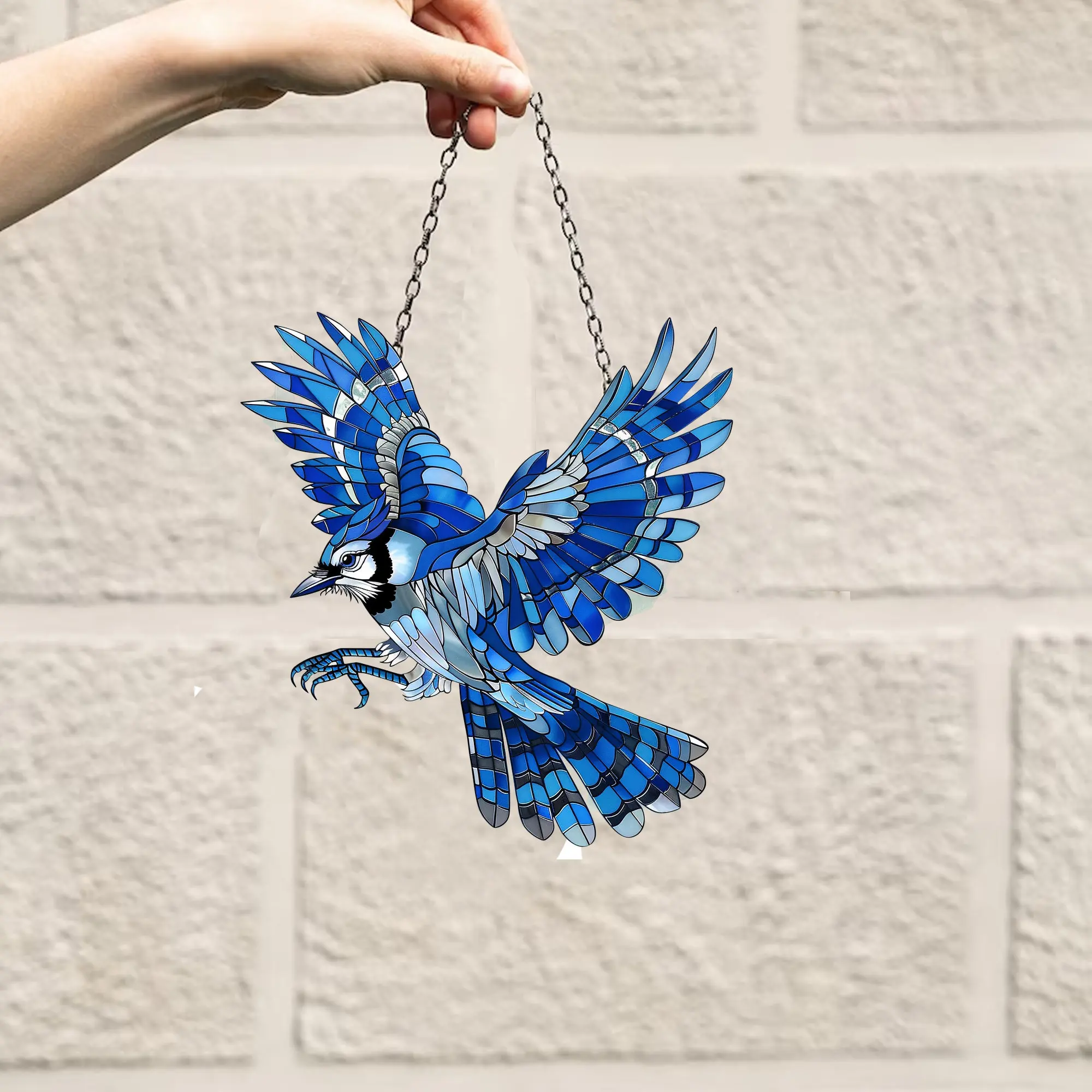 Acrylic Blue Jay with peony flowers window hangings Nature lover home decor Housewarming gift Bird Ornaments