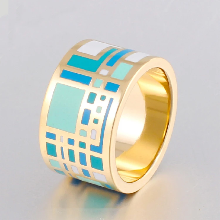 
Latest design Woman Gothic Style Custom Wide Ring Gold Plated Stainless Steel Enamel Ring 