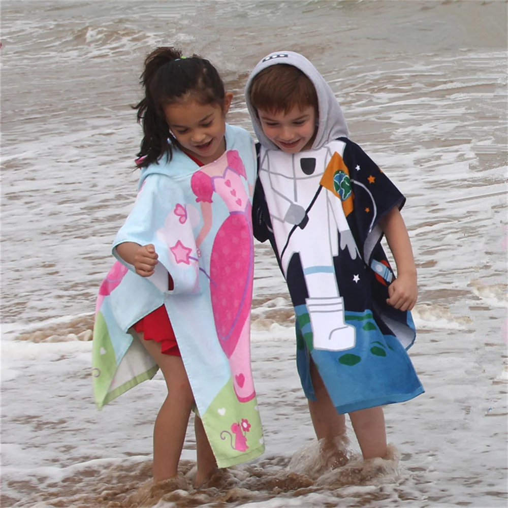 High Quality Microfiber Kids Cartoon Beach Children Printed Hooded Towel Cartoon Ponchos Beach Towel