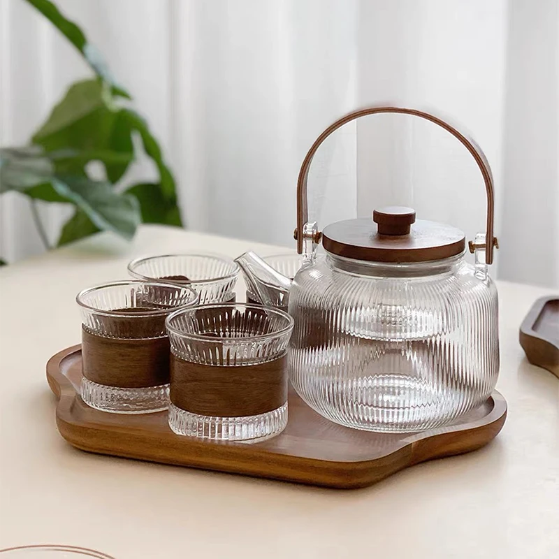 Striped Cylindrical Glass Teapot-for Coffee & Tea Sets