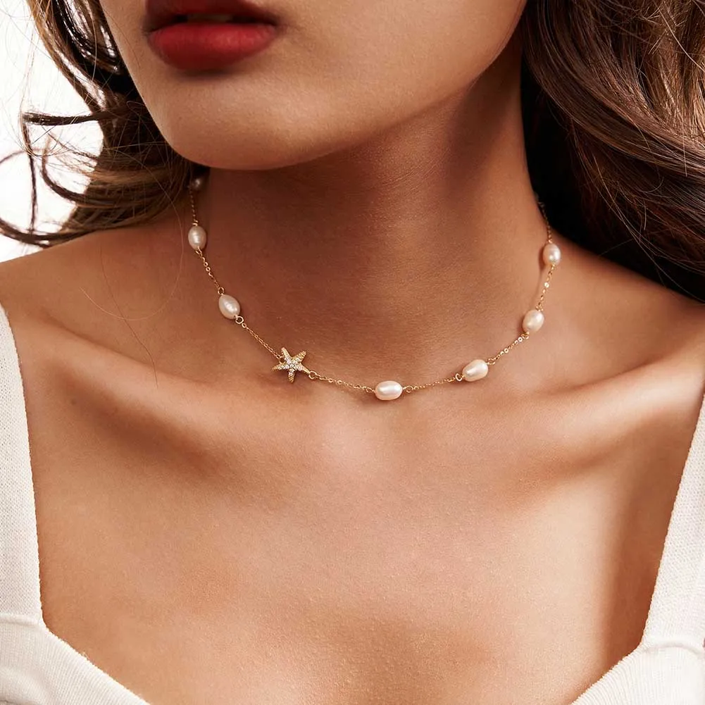 BQN06 Starfish Inspired Cultured Freshwater Pearl Station Choker with Zirconia 925 Sterling Silver Chain Necklace