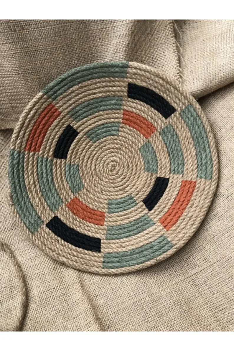 Boho Handwoven Jute Wall Baskets Hanging Decorative Tray Home Pendant Decor Basket Placemat Colorful  Wall Art Set of 6