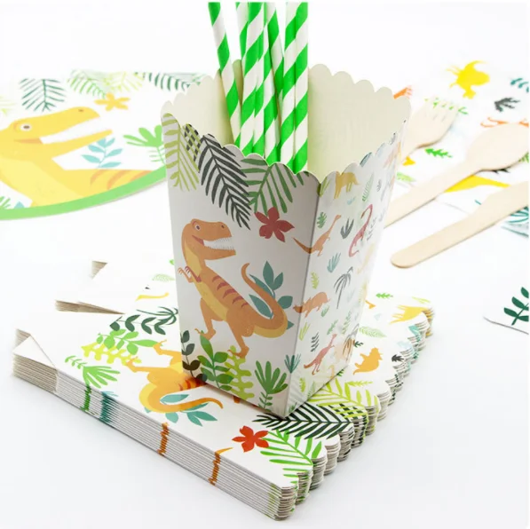 Dinosaur Boy Birthday Party Disposable tableware set Paper Plates Napkins Cups hats boxes Tablecloth card cupcakes toppers flags