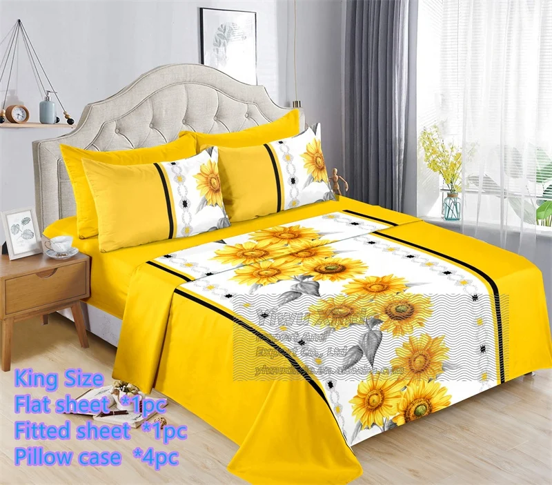 Soft microfiber 100 polyester king size 6 pcs bed sheet set floral printed fitted sheet bedding sheet in stock ready to ship