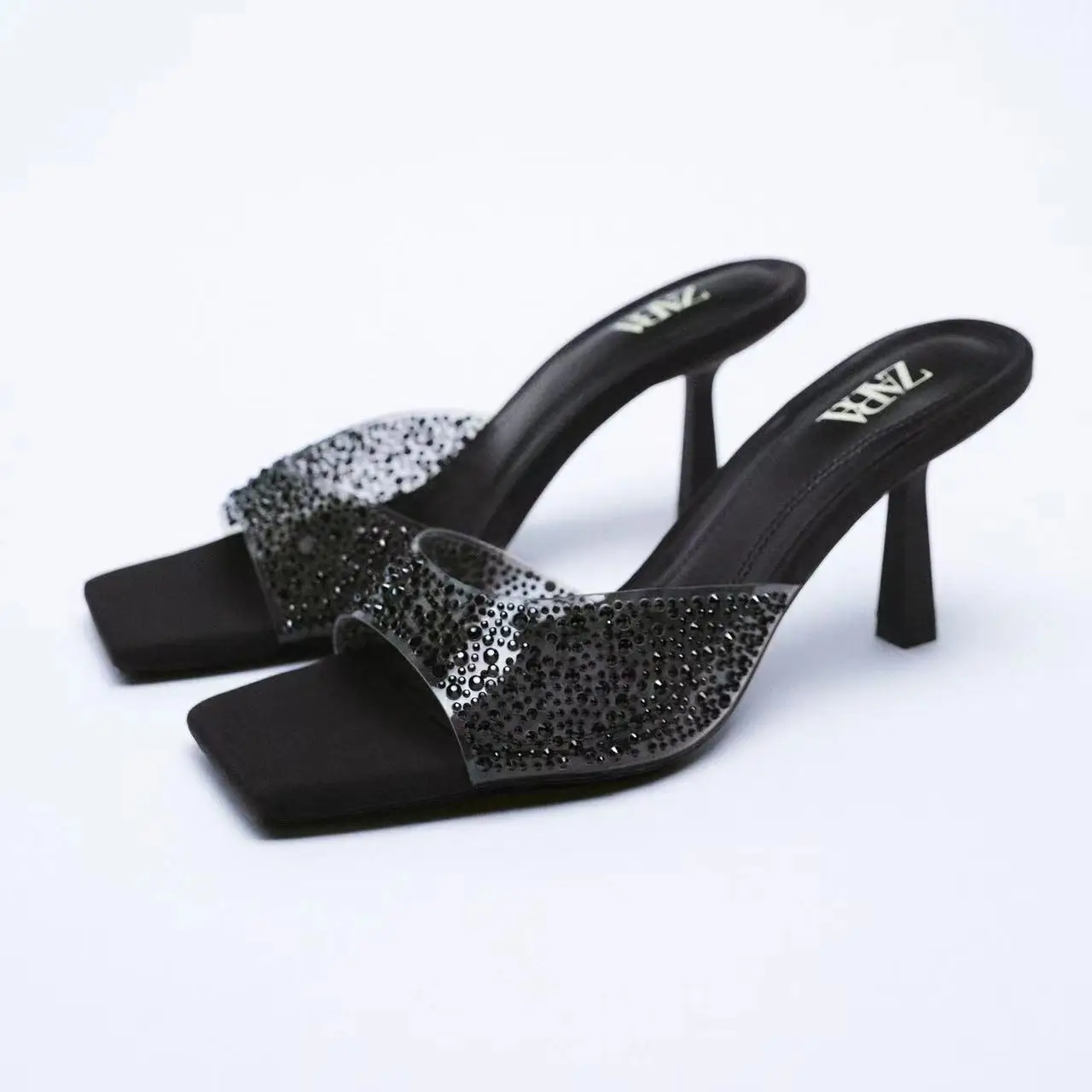 2022 Summer Sandalias De Tacon Ladies Sexy PVC Sandals Rhinestone Square Toe Heeled Slipper Fashion Mules Transparent Heels