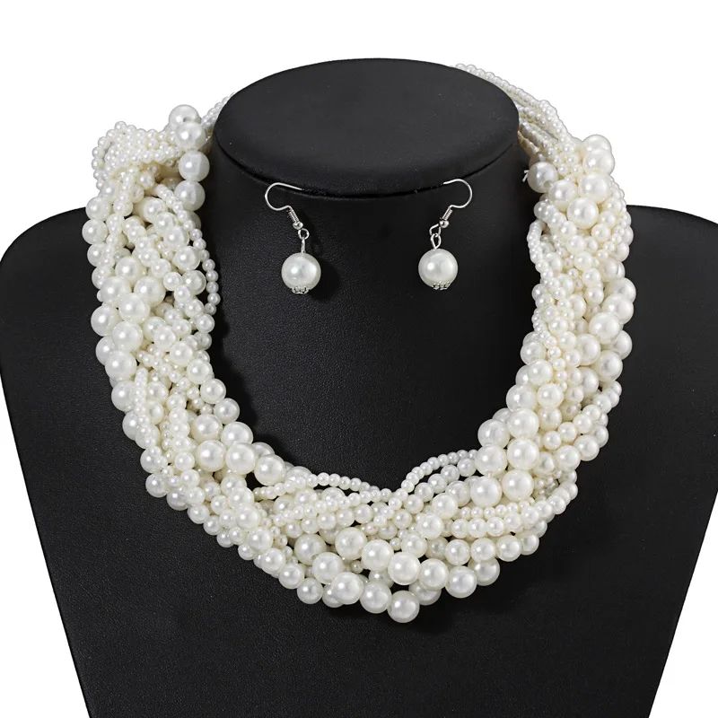 Free Shipping Wholesale Traditional Women White Pearl Handmade Braided Pearl Necklace And Pearl Earring Jewelry Set