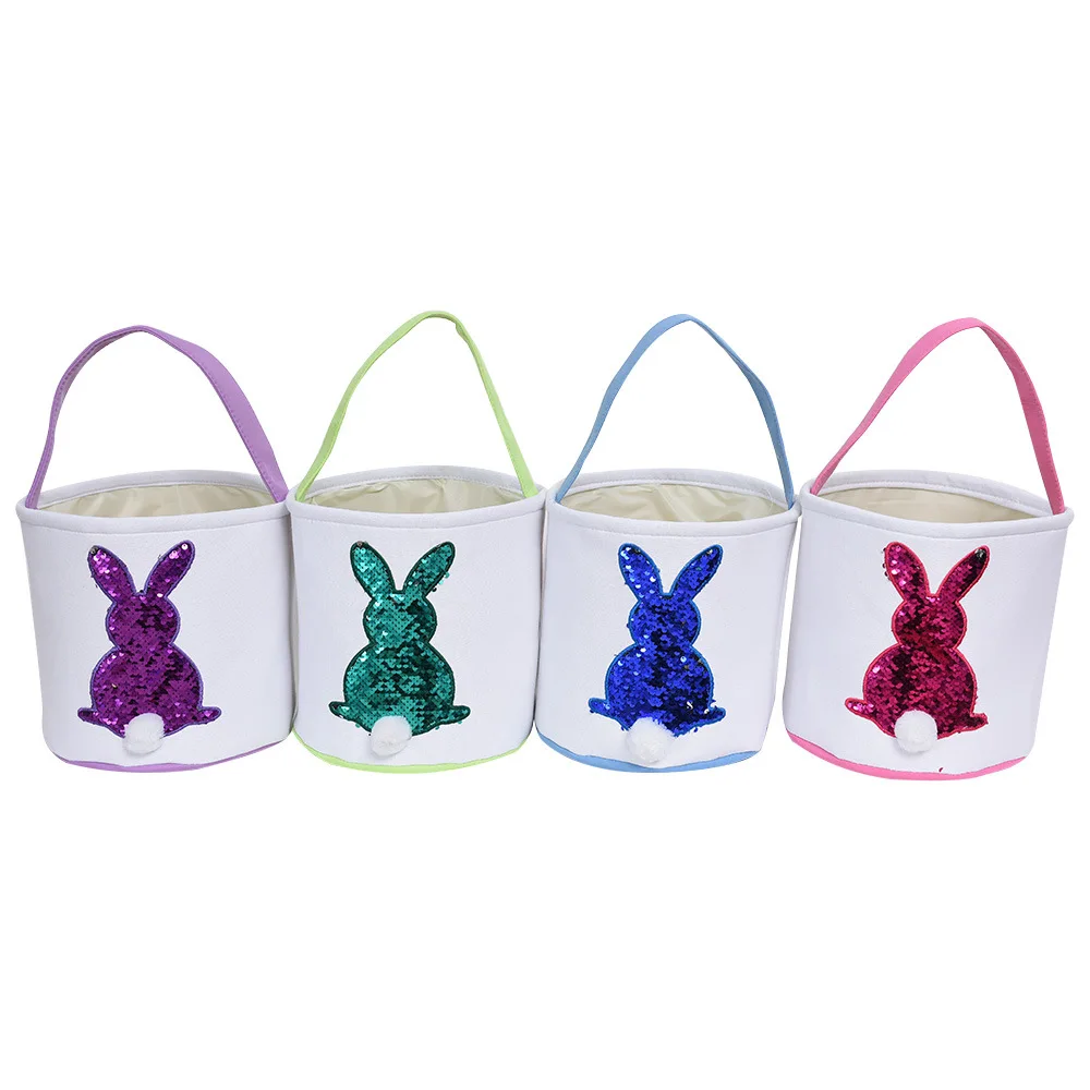 2022 Amazon Canvas DIY Bag Easter Basket Embroidered Sequins Rabbit Handbag Bucket Bag For Kids
