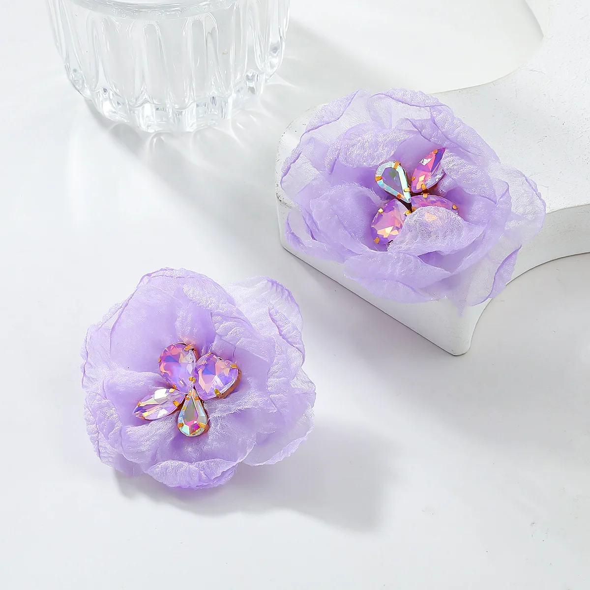 Fashion Sweet Girl Forest beautiful Earrings with Multi color Diamond Mesh Fabric Flower Earrings jewelry for women