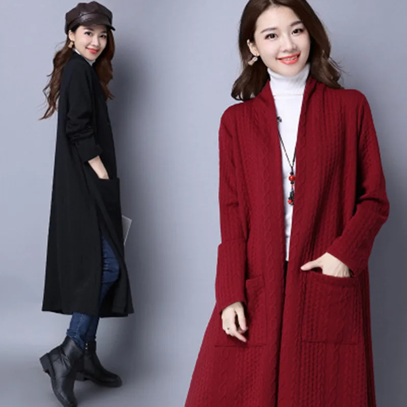 JACKETOWN High quality winter girls red thick long sleeve cardigan split women long knitted sweater cardigan coat