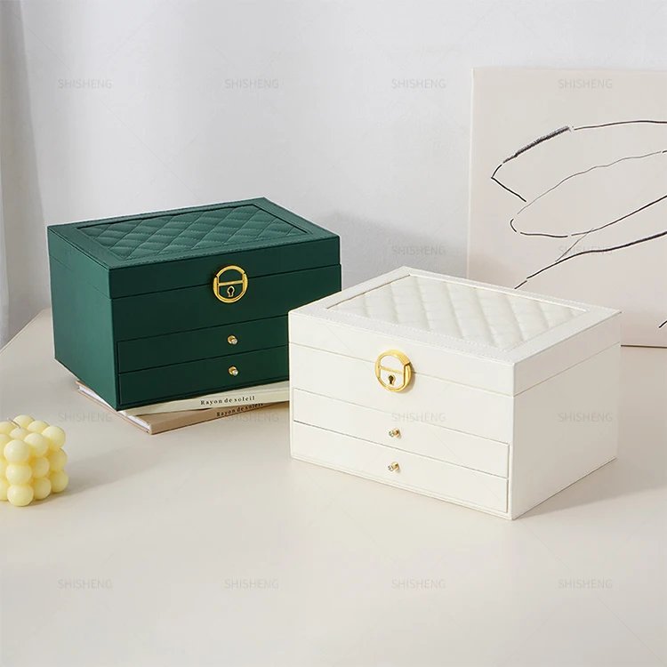 SHI SHENG 3 Layers Large Leather Jewelry Storage Box with Locked for Rings Earrings Necklaces Bracelets Storage