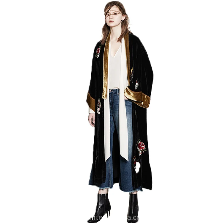 
Custom cardigan warm and windproof printing long black coats for women 