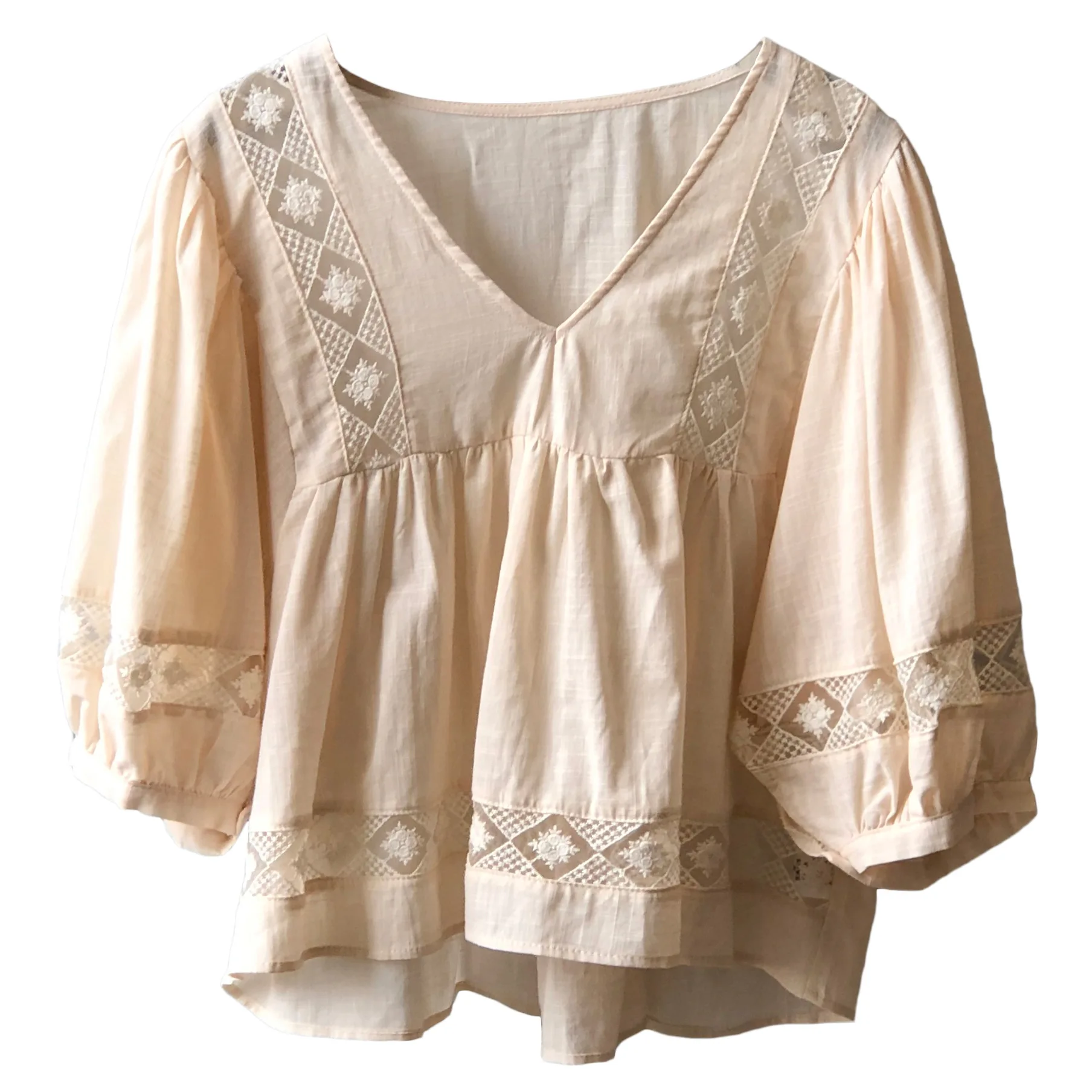 BL830018 korea style fashion vintage puff sleeve lace patchwork v neck summer women shirts blouses and tops