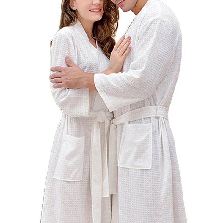 Breathable Waffle Bathrobe Knit White Waffle Spa Robe Long Cotton Kimono Hotel Bathrobe