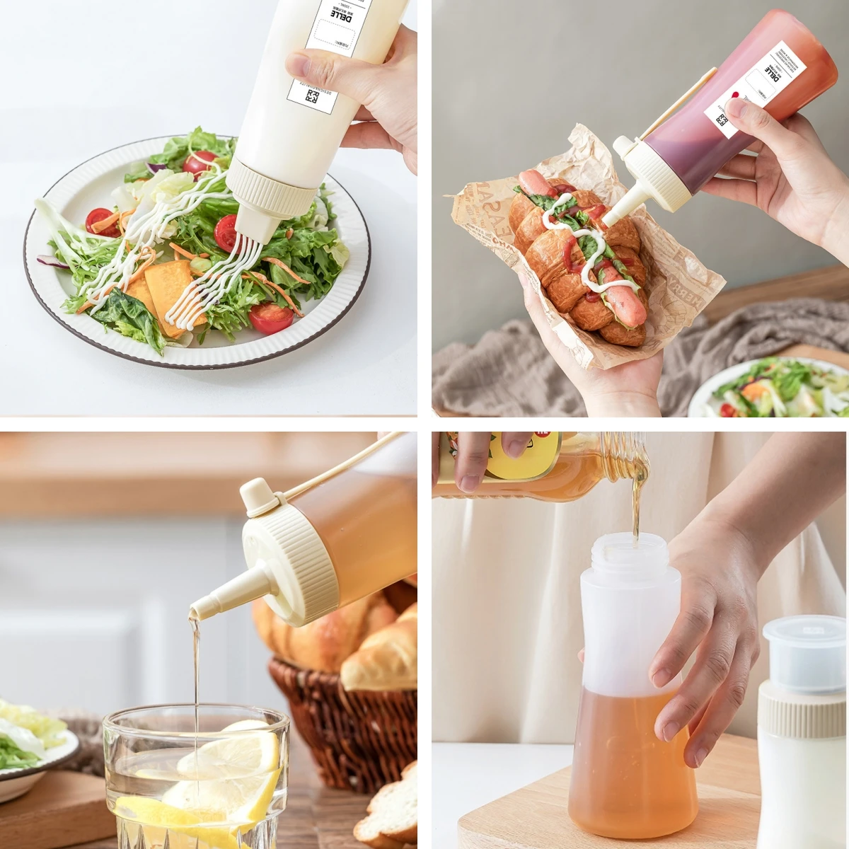 5 Hole 11.8oz 350ml Squeeze Condiment Bottles Nozzles Plastic Ketchup Mustard Sauces Olive Oil Bottle Kitchen Condiment Tool