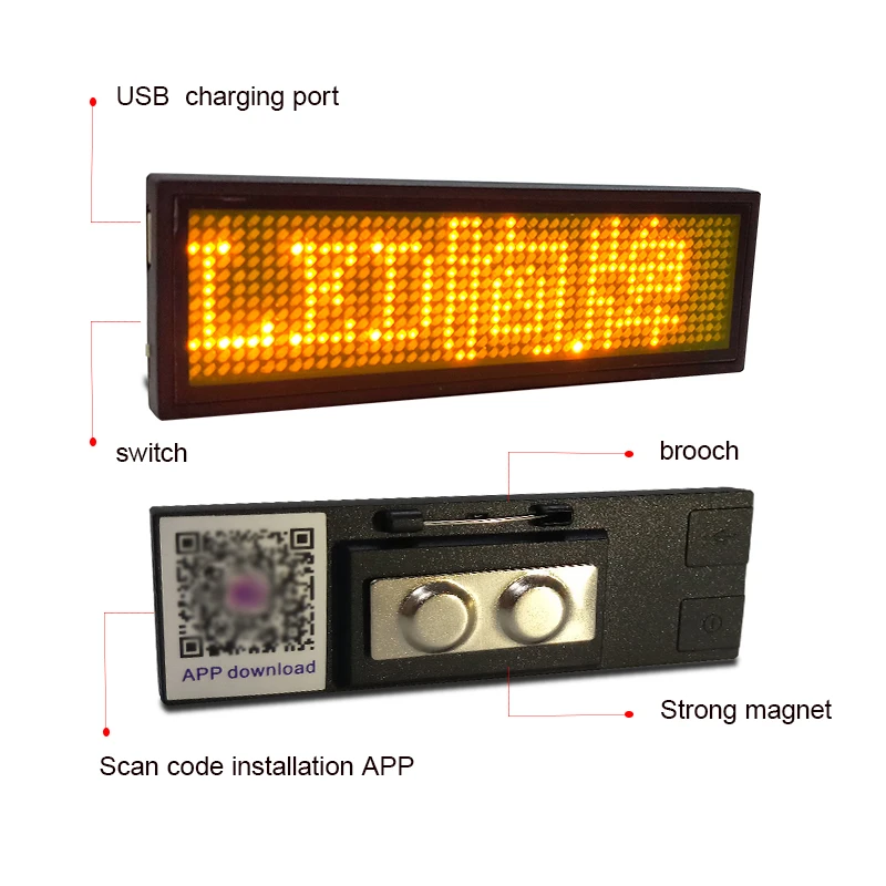 Smart APP Control Lighting LED Name Badge Scrolling Message Display LED Name Plate Magnetic Pin Badge Rechargeable LED Name Tag