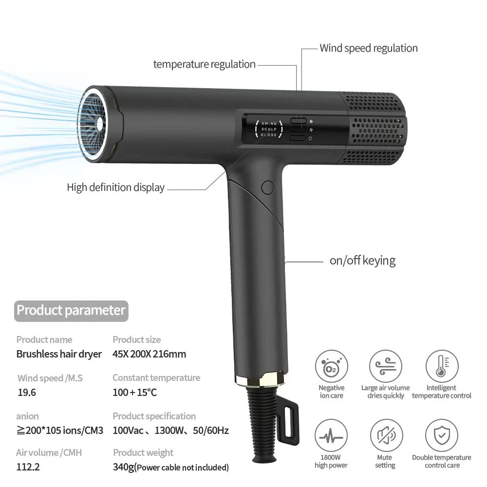 One Step Home Hair Dryer Solon 1600W High Speed Negative Ion Bldc Brushless Hot And Cold Wind leafless Airbrush Hair Dryer