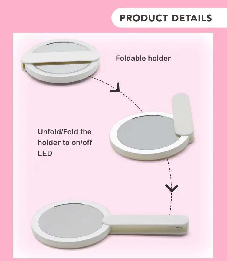 Mini LED Luminous Makeup Mirror Foldable Small Compact Mirror Round Portable USB Handheld Makeup Magnifying Mirrors with Light