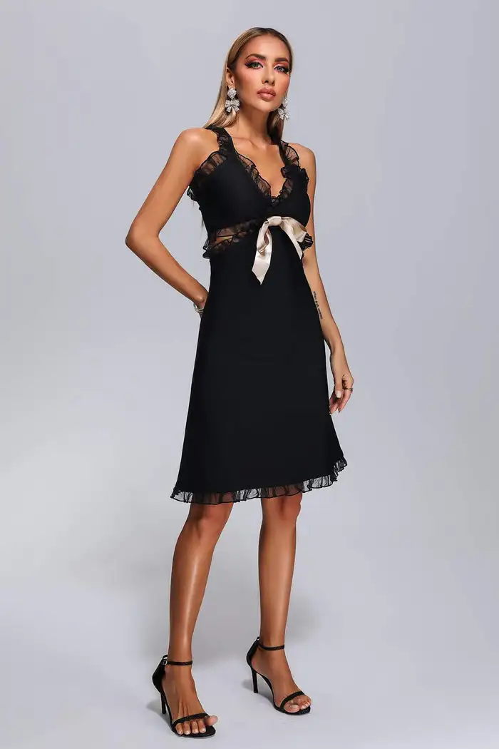 BA301 High Quality Bowknot Floral Backless Sling V Neck Evening Dress For Ladies