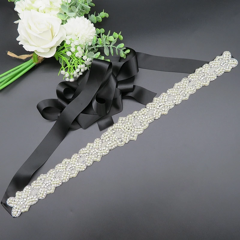 
Hotsale Fashion Silver Pearl Beaded Wedding Belts with Rhinestone Trim Applique Crystal Beads Bridal Belt 