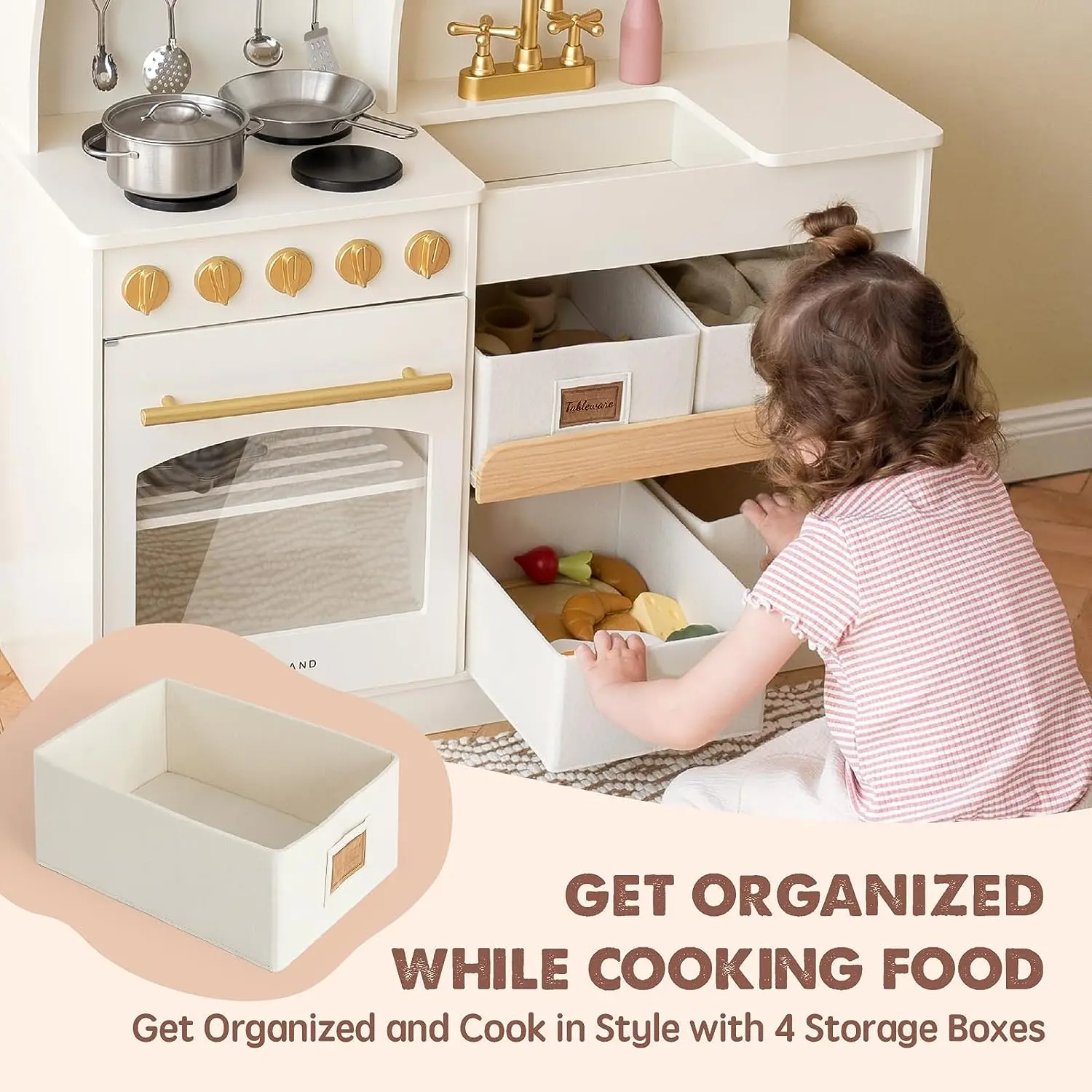 Wooden Play Kitchen with Toy Storage System, Toy Kitchen Set with Plenty of Play Features, Kids Play Kitchen Designed