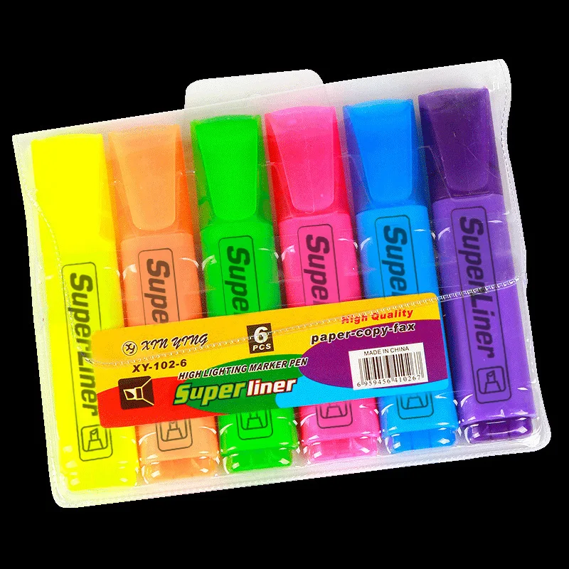 Highlighter Foreign Trade Classic Hot Marker Pen 6 Color Oblique Head Color Marker Thick Head Fluorescent Office Label Pen