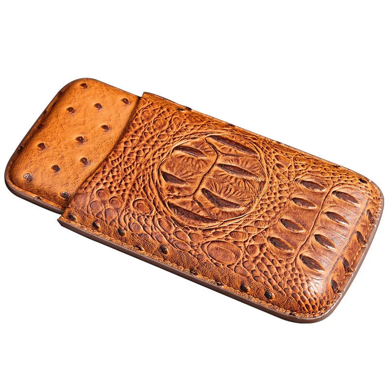 Прочный коричневый портативный дорожный Чехол для сигар из натуральной крокодиловой кожи с 3 пальцами, хьюмидор с страусиной текстурой