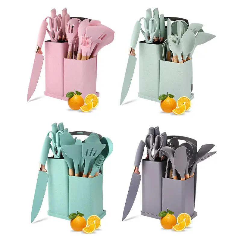 19 Piece Colorful Silica gel  Kitchenware With Wooden Handle And Cuttings Board Storage Basket  Kitchen Accessories Set