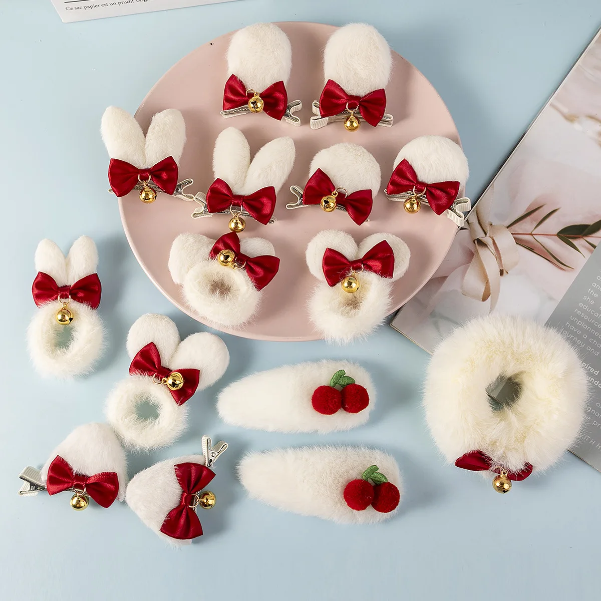 Autumn Winter Hand Made Plush Hair Loops Cute Ears Hair Ties Baby Christmas Bells Bow Headwear BB Hair Clips
