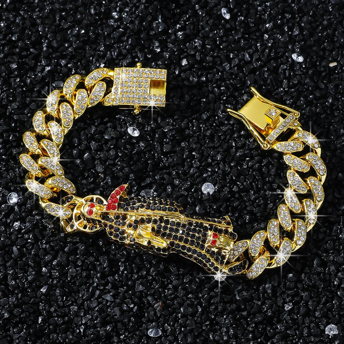 Gold Plated Cuban Chain Santa Muerte Bracelet Alloy Rhinestone Religious Roja de hilo de la Pulsera Holy Death Men Bracelet