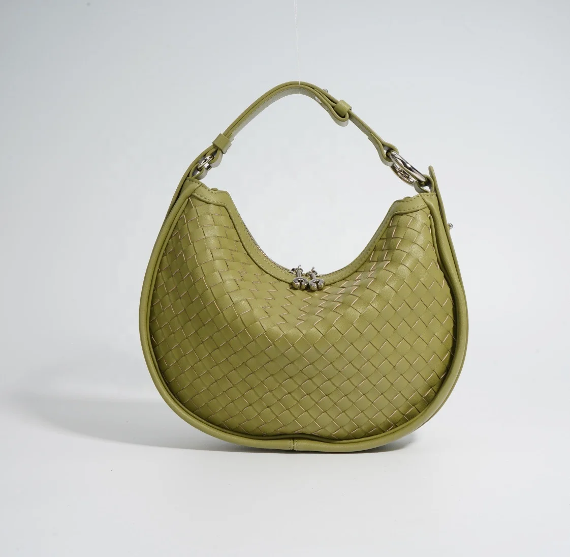 fashion lady real leather woven round moon hobo hand bags with adjustable handle for women elegant braided sling shoulder bag