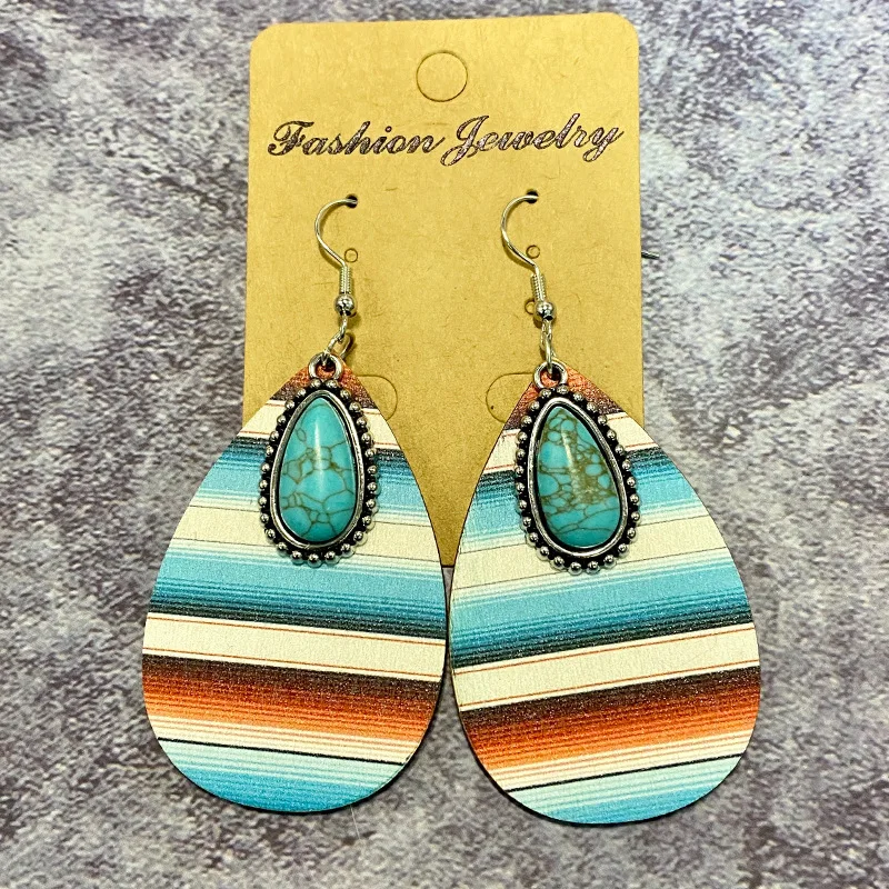 Classic Geometric Stitching Cowboy Turquoise Teardrop Earrings Western Wooden Aztec Pattern Water Drop Earrings
