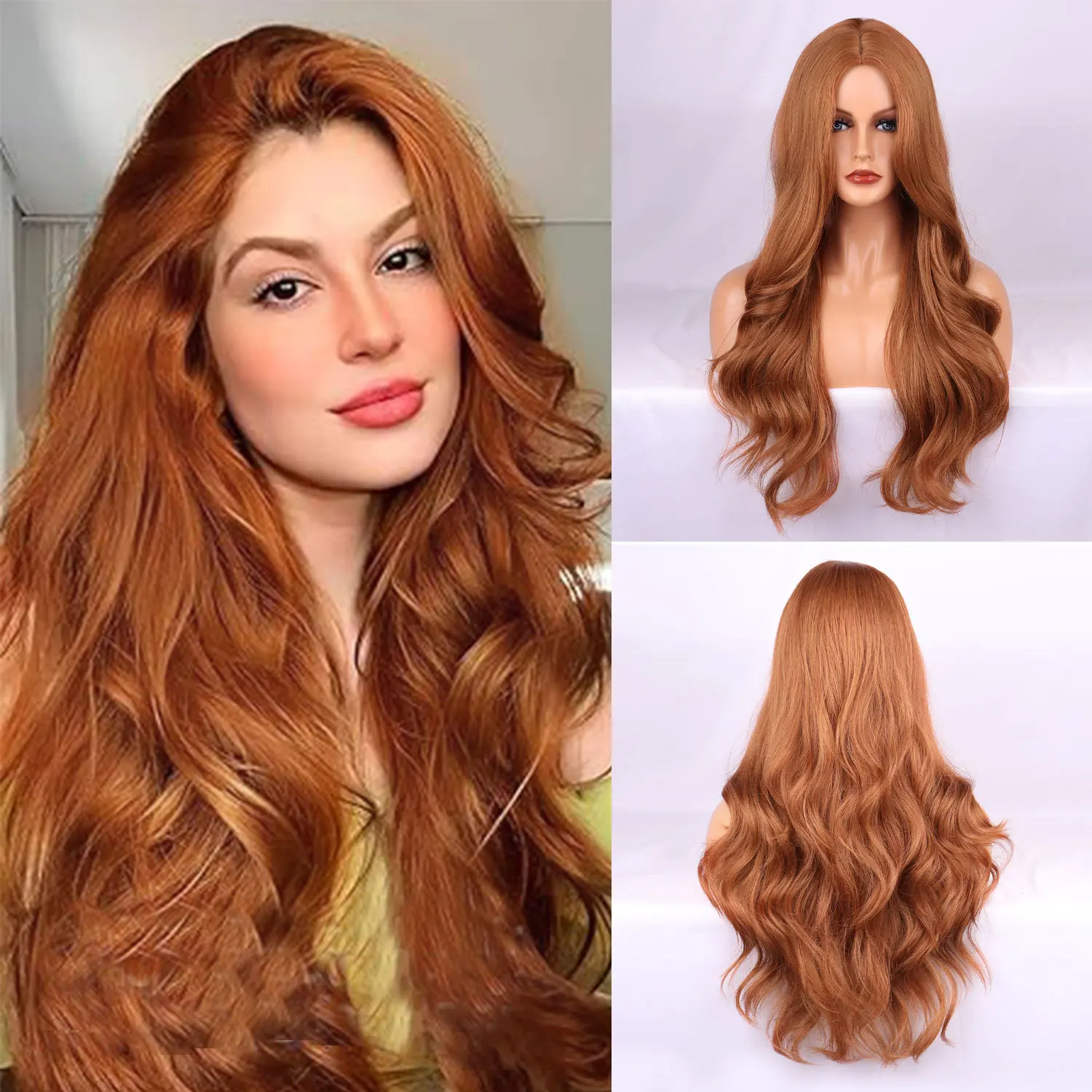 30 Inch Orange Gold Wavy Wig with Elegant and Fashionable Long Wavy Hair, Made of Synthetic High-temperature Silk