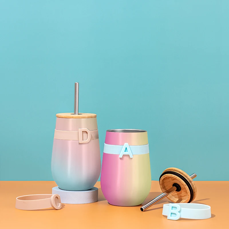 12OZ Insulated DW Stainless Steel Tumbler Double Wall Vacuum Tumbler Cup With Silicone band  Wine Mug Wood Lid