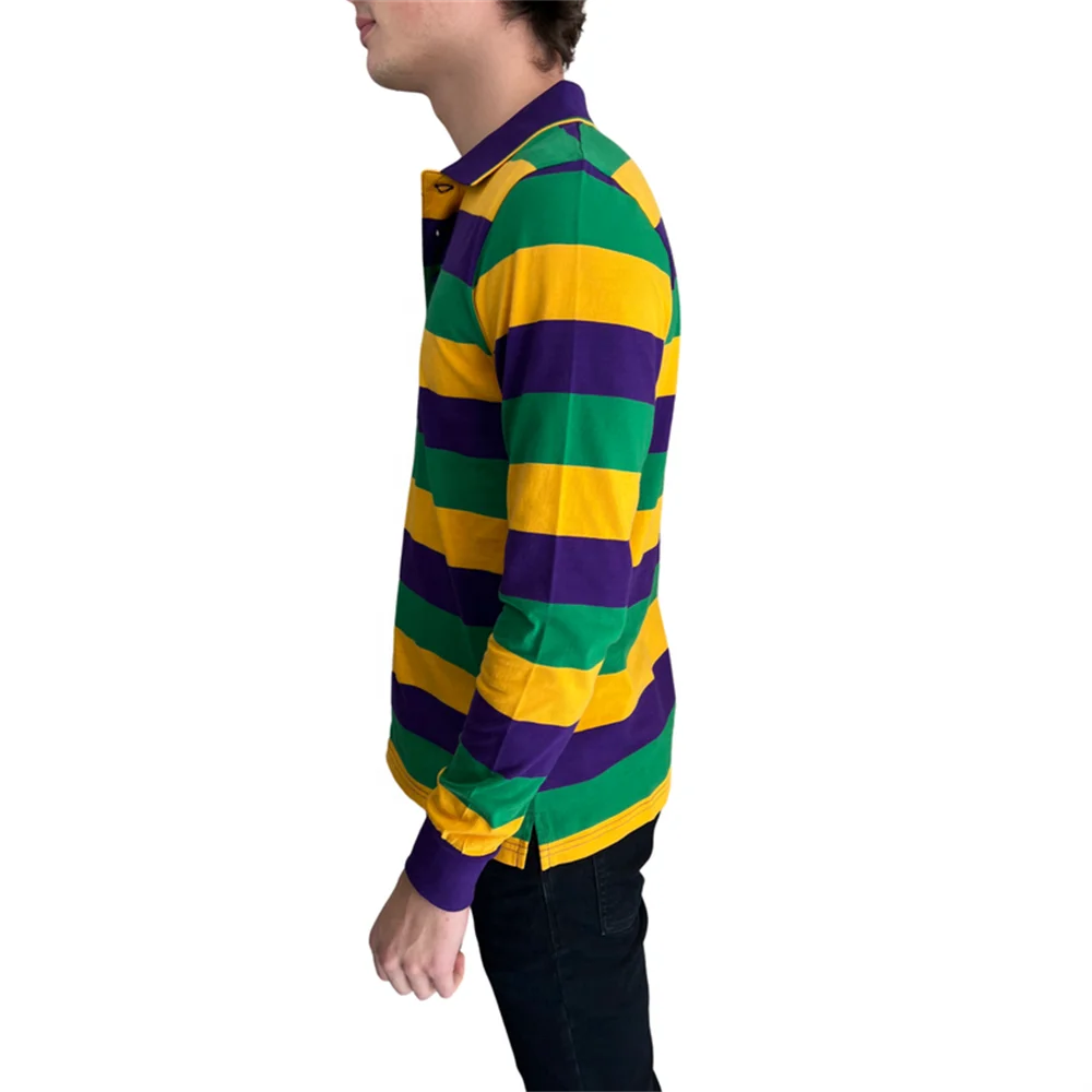 2024 Long Sleeve Mardi Gras Items,Turndown Collar Mardi Gras Shirts Polo,American Carnival Horizontal Stripe Mardi Gras Apparel