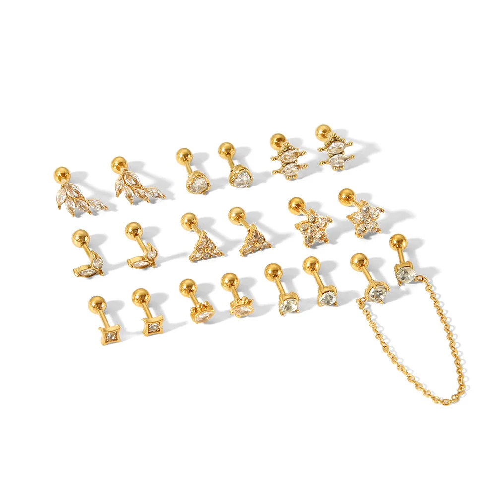 Trendy Unique 18k Gold Plated Stainless Steel Stackable Diamond CZ Piercing Screw Back Stud Earrings for Women Girls