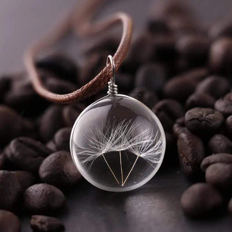 Round Dandelion Dried Flower Pendant Necklace Charm Natural Dandelion Glass Cabochon Transparent Lucky Glass Ball Necklace