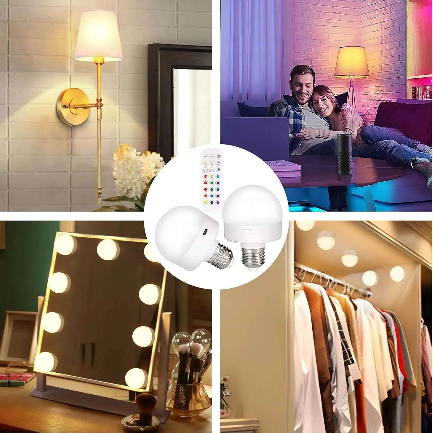E26 Rechargeable LED Light Bulb with Remote Control Timer Magnetic Battery Backup Non-Hardwired Fixture 3 CCT Bulb round Shade