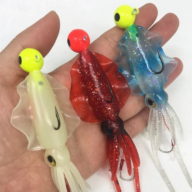 Luminous Octopus Squid Skirt Sea Fishing Wobbler Bait Squid Jig Fishing Tuna Lure Jig head Hook 130mm Fishing Soft Lure
