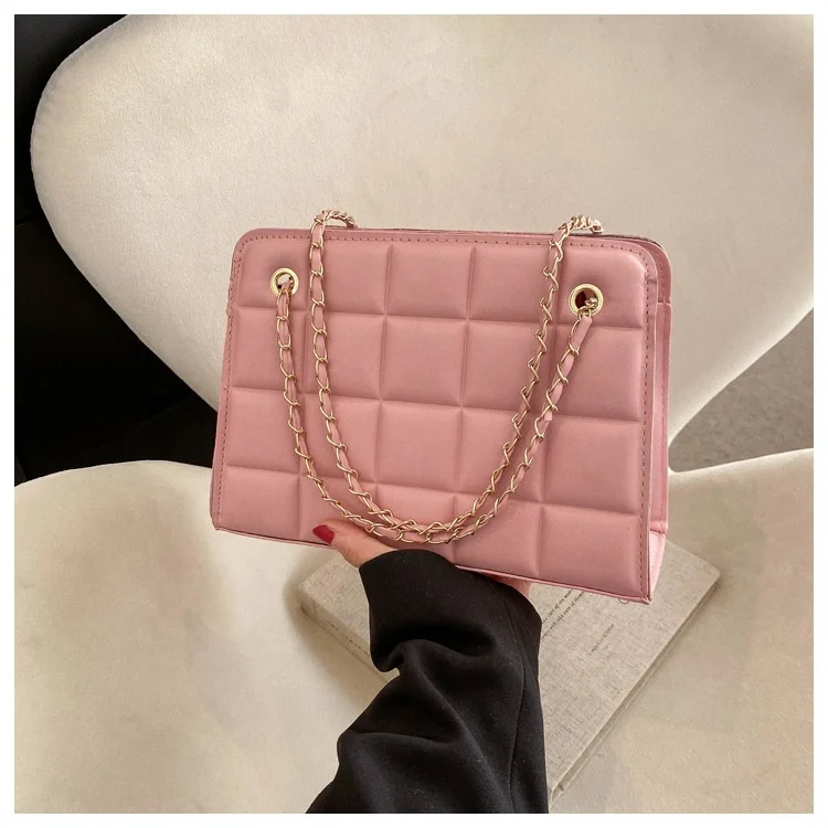 Hot Sale Casual PU Leather Square Indentation Handbag Metal Chain Underarm Bag Fashion Shoulder Bags for Girls