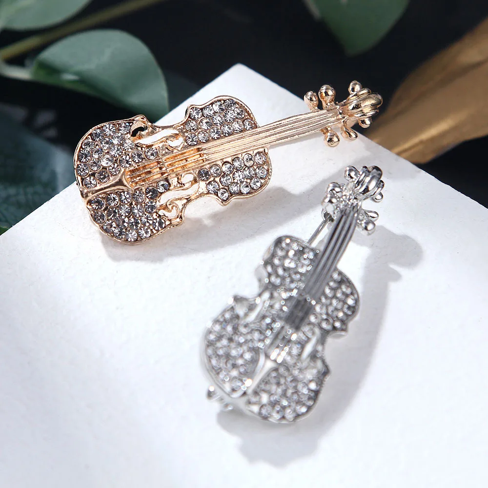 Fashion New Design Elegant Suite Jewelry Sliver Gold Metal Alloy Rhinestone Suite Music Violin Brooch Pins