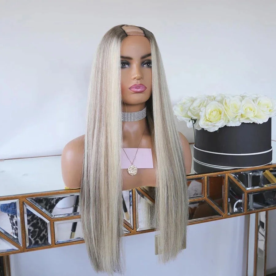 U Part 12A Grade Quality Ash Blonde Highlight #60 Color Silky Straight European Full Cuticle Aligned Hair Wigs