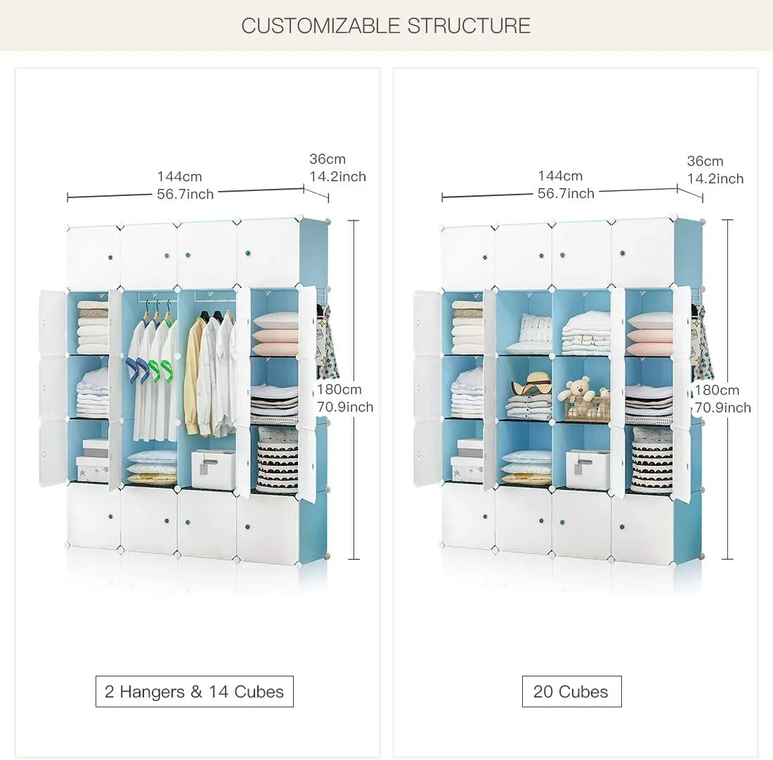 Portable wardrobe for hanging clothes, bedroom storage cabinet cubic closet modular plastic cabinet closet