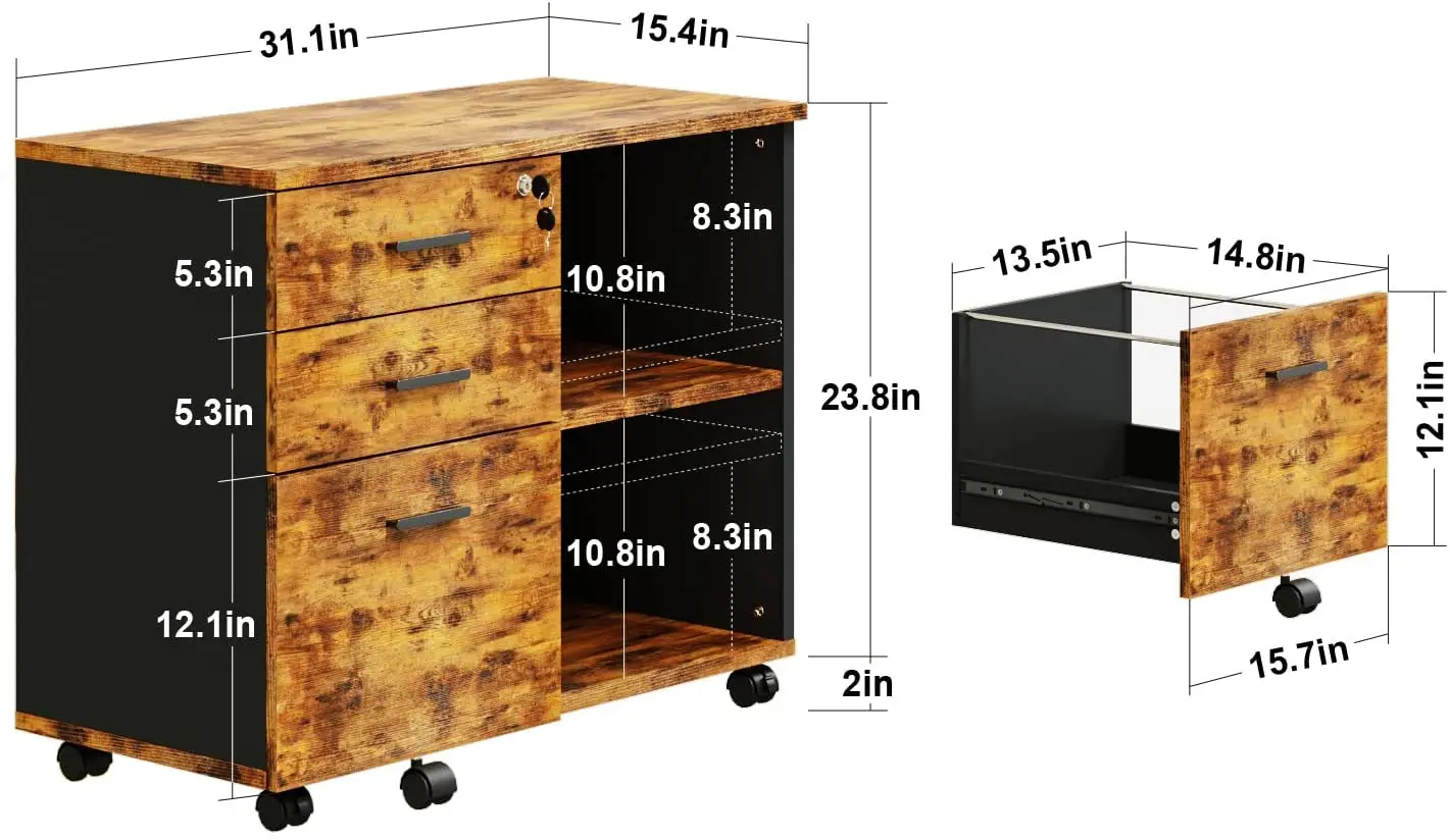 Wood File Cabinet, 3 Drawer Mobile Lateral Filing Cabinet On Wheels, Printer Stand with Open Storage Shelves for Home Office