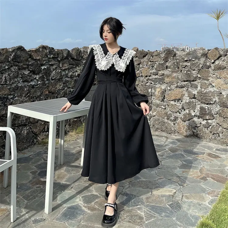 Large Size Doll Collar Dress Female Autumn And Winter New French Retro Hepburn Style Thin Black Long Skirt