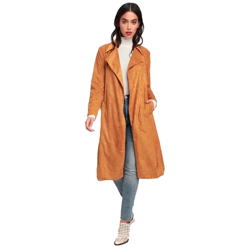 Womens Ladies Fall Overcoat Long Sleeve Vegan Tan Faux Suede Long Trench Coats