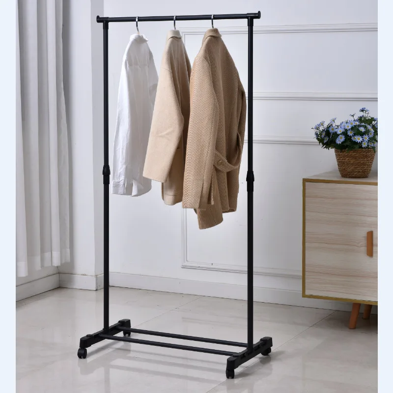 Stainless Steel Adjustable Single Black Clothes Drying Rack With Four Wheels Stand